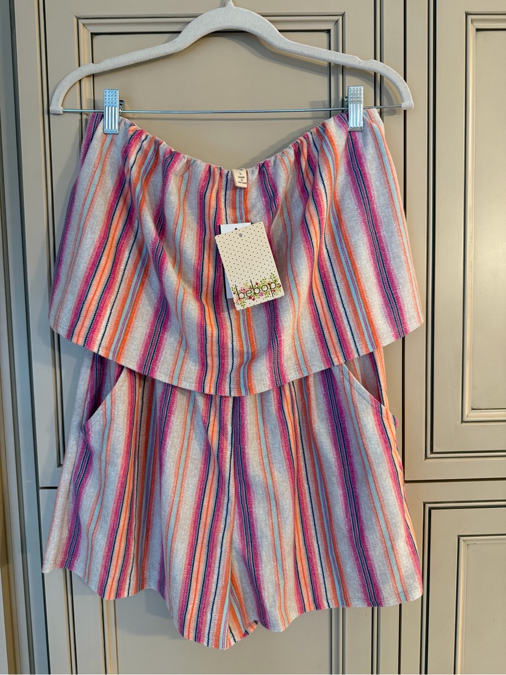 NWT BeBop Colorblock Striped Off-Shoulder Popover Pocket Stretch Romper Boho Lg